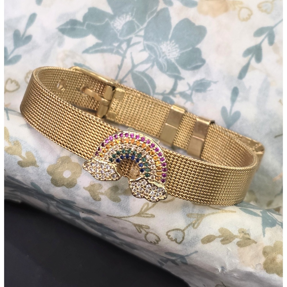 Rainbow Crystal Belt Bracelet Gold Plated Stainless Steel Size 9"
